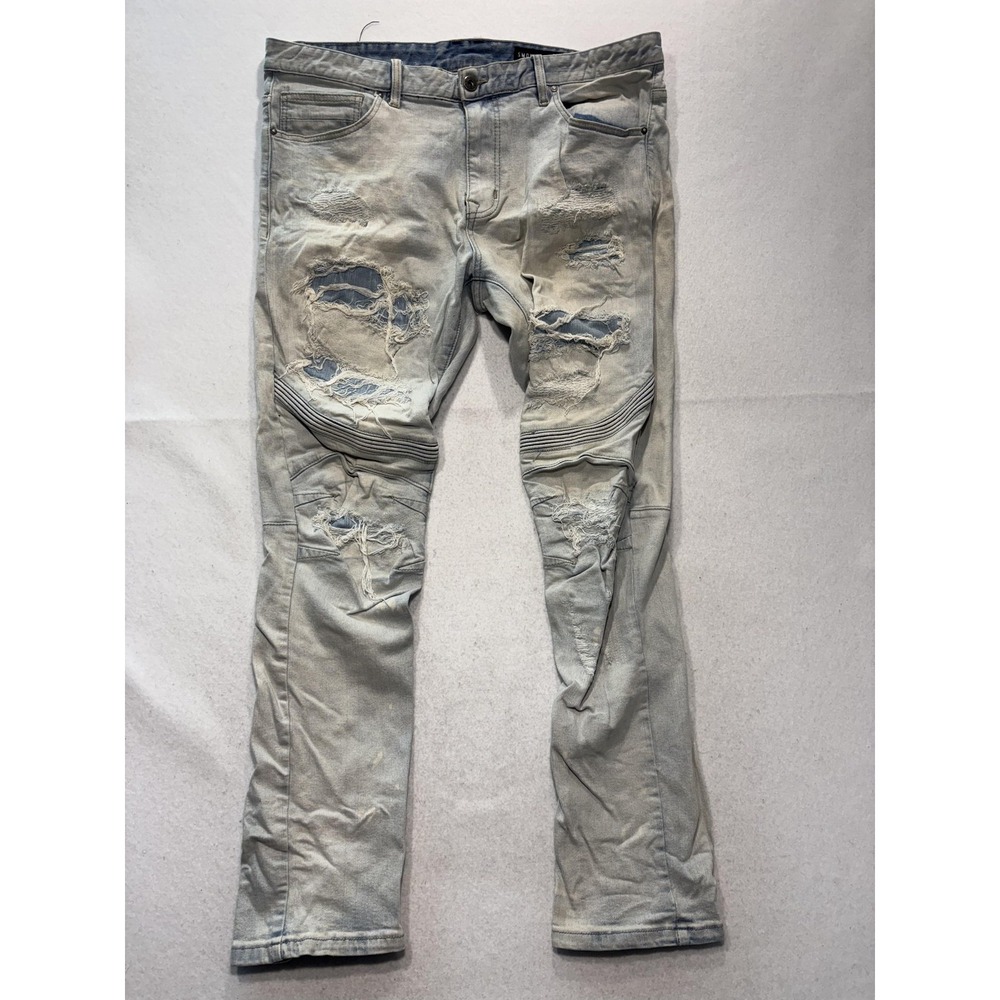 Smoke Rise Jeans Mens 38x34 Blue Light Wash Distressed Moto Biker Slim Tapered